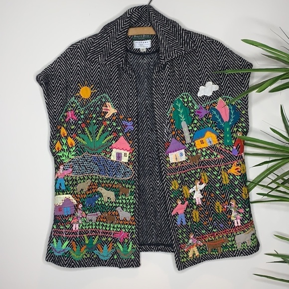 Frog a la Peche NY | Vintage Folk Art Handmade Woven Embroidered Chevron Vest M - Picture 1 of 14